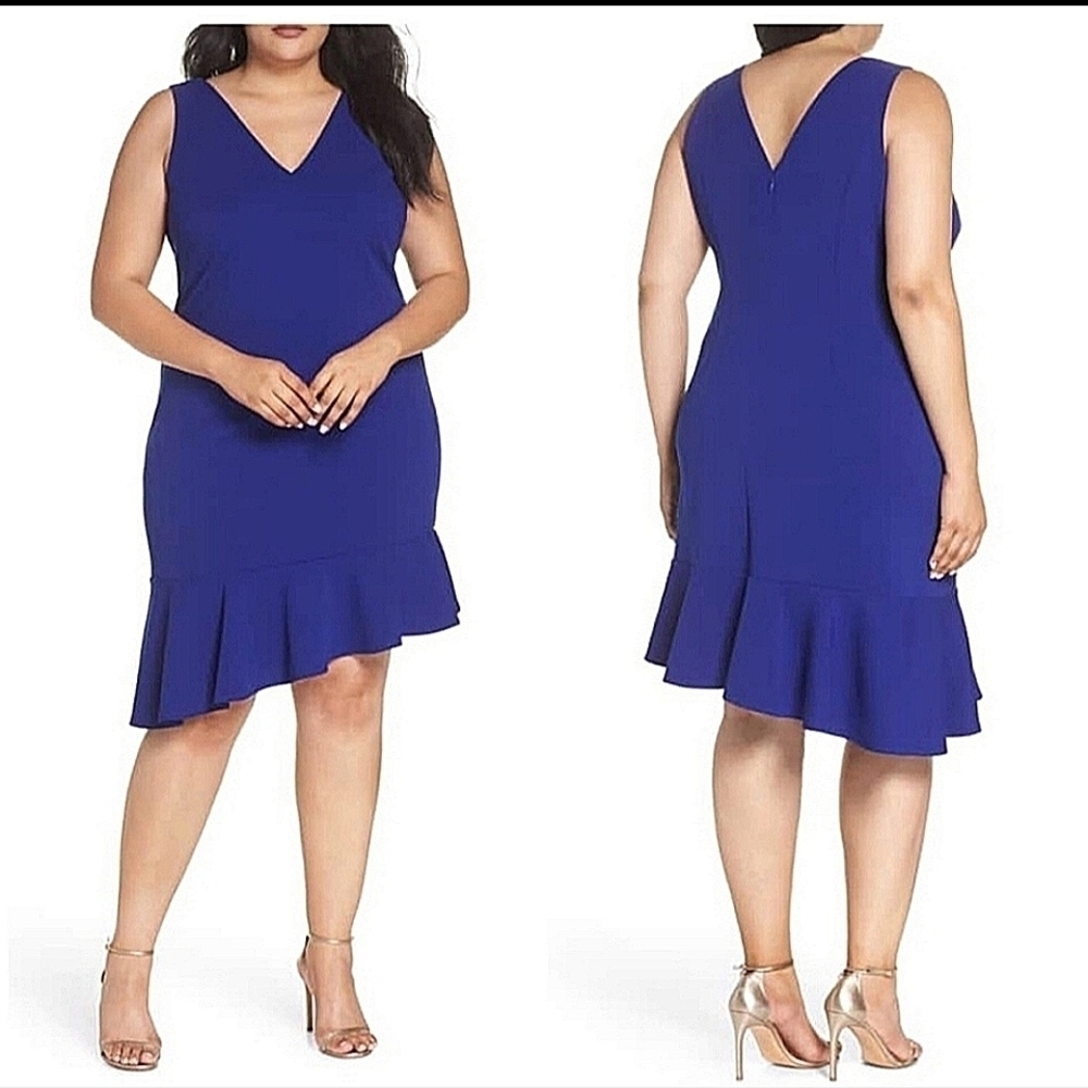 Vince Camuto Royal Blue V-Neck Ruffle-Hem Midi Dress